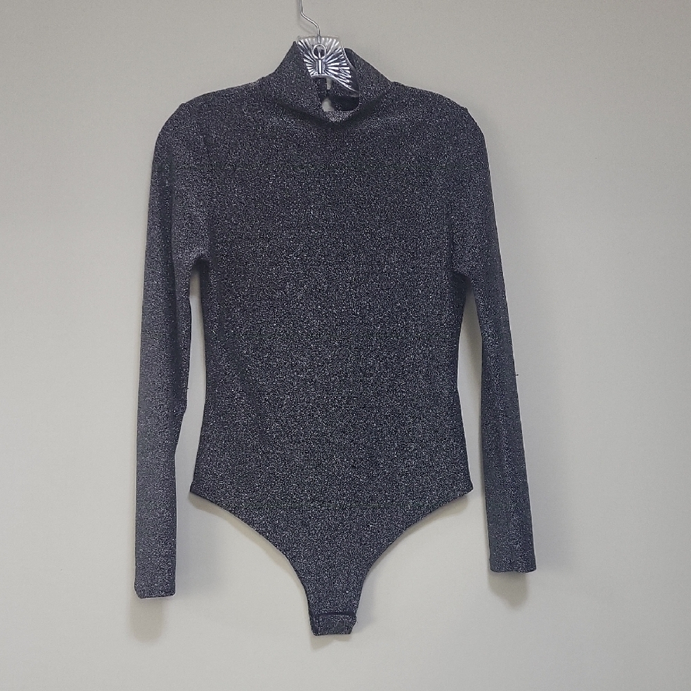 LA BANGA Black Metallic Silver Mock Neck Long Sleeve Stretchy Bodysuit
